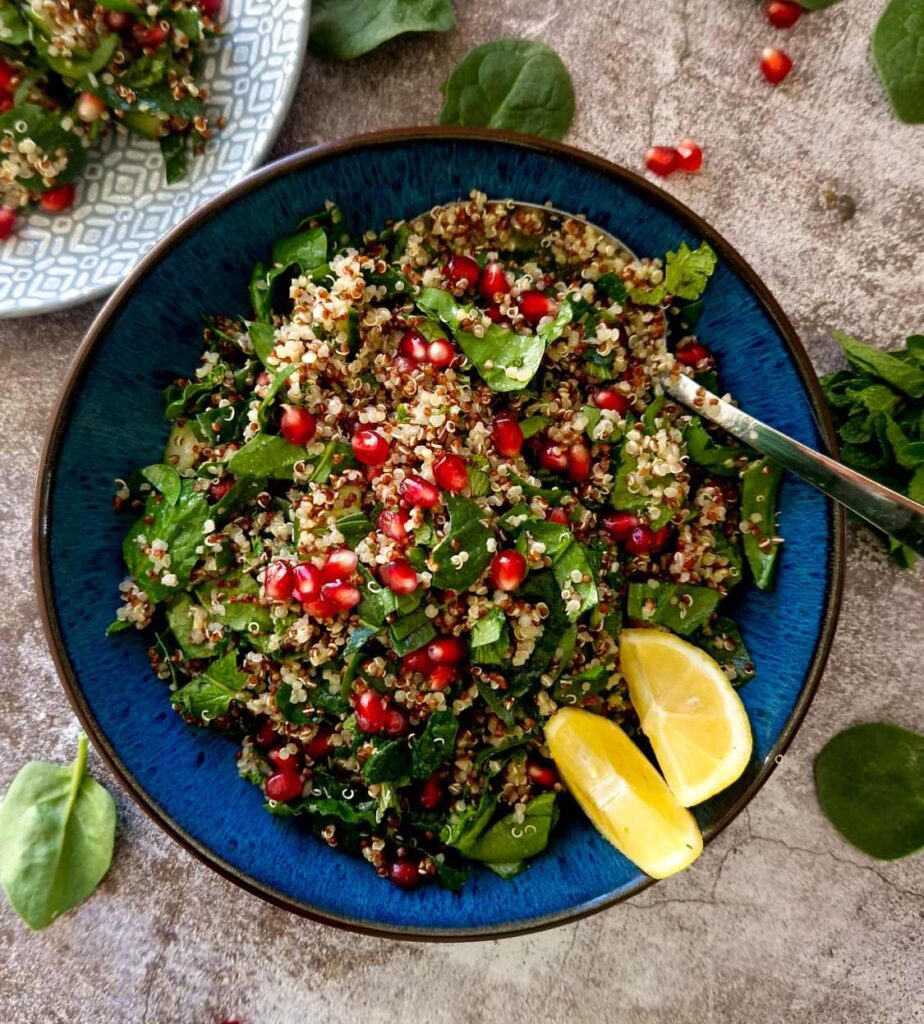 Quinoa and Spinach Salad with Fresh Mint Dressing and Pomegranate.